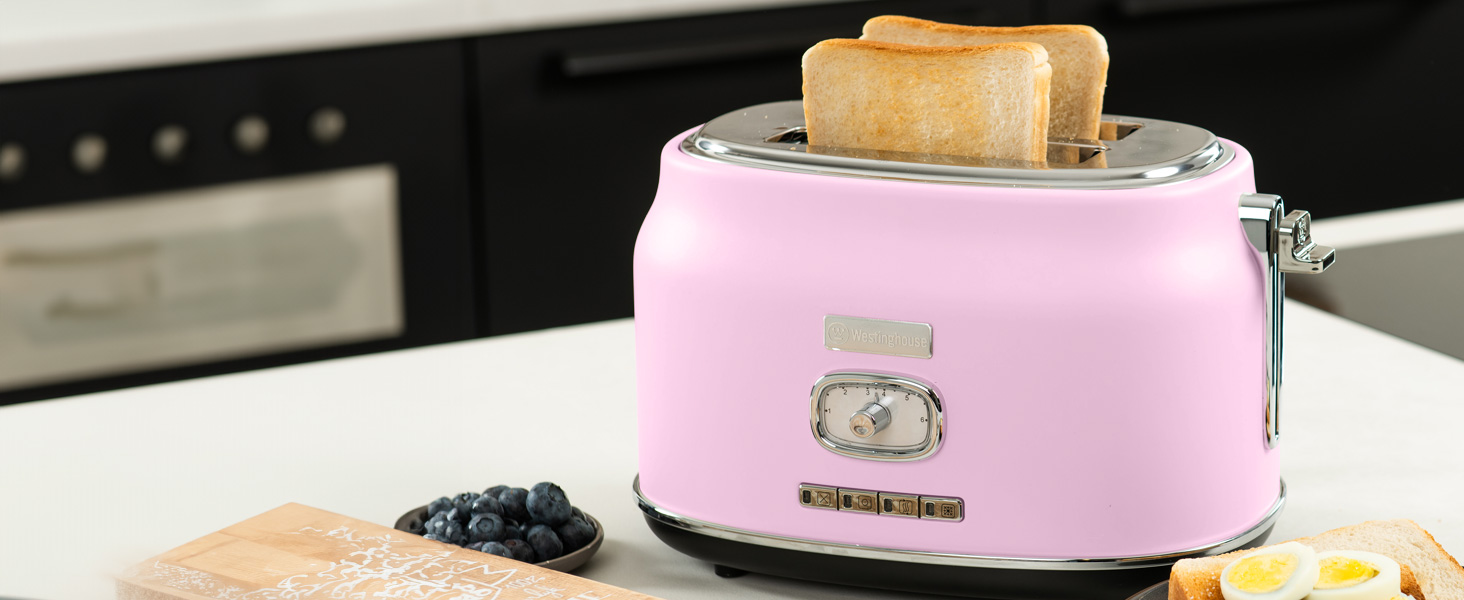 Тостер Westinghouse Retro Pink, 2 тости, широкі слоти, підставка для підігріву, 815 Вт