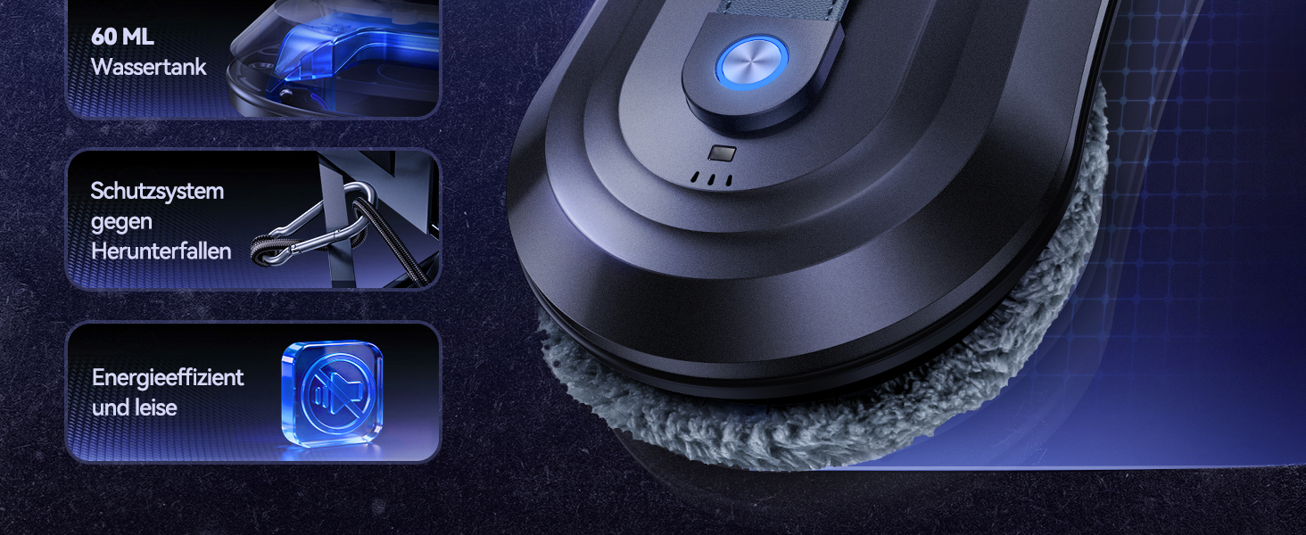 Робот для миття вікон Yeerain з функцією розпилення, потужність всмоктування 7000Pa, тиха робота, 3 режими очищення, інтелектуальна навігація, розпізнавання країв, в комплекті 10 мікрофібрових серветок сірого кольору 'Зоряне небо'