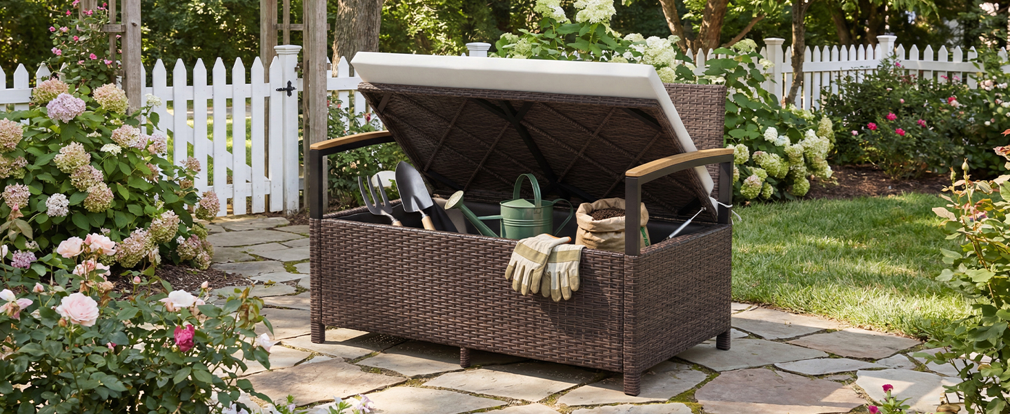 Лавка садова Costway з ротангу Polyrattan, з ящиком для зберігання, 2-місна, сіра (120x61x84 см) для балкона, тераси, саду з подушками