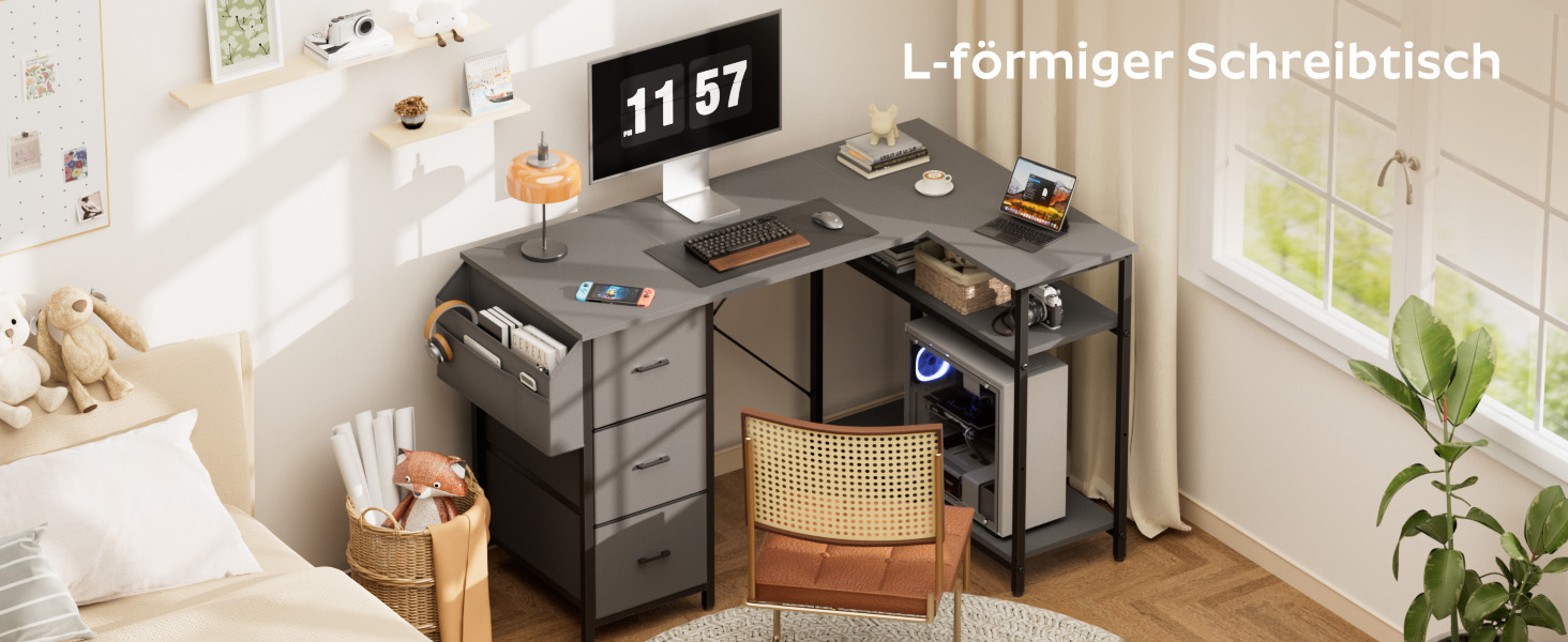 Комп'ютерний стіл HLONONE L-подібний з 3 ящиками для тканини, з полицями та бічною кишеню, для офісу, геймінгу та дому, білий (120 x 80 см, сірий)