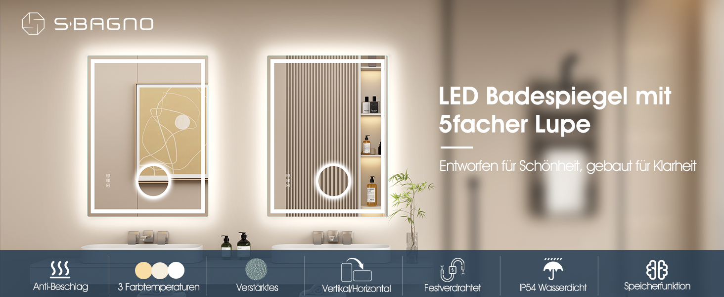 Дзеркало для ванної кімнати S'bagno Bluetooth з підсвічуванням 100x70 см, LED, антизапар, диммер, Bluetooth, HD скло, IP44, горизонтальне/вертикальне