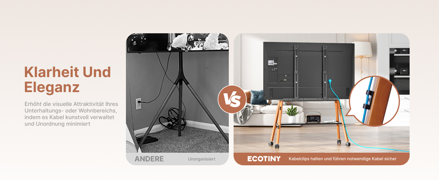 Підставка для телевізора ECOTINY на колесах для 49-75 дюймів, до 40 кг, Easel Design, металева конструкція з дерев'яною полицею, білий (чорний)