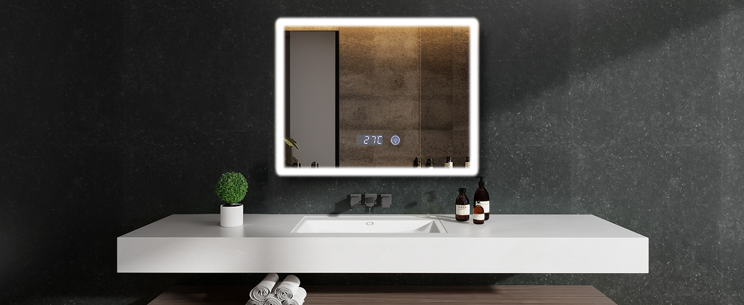 Дзеркало для ванної кімнати YU YUSING з підсвічуванням 80x60 см, LED, 3 кольори світла, регулювання яскравості, антизапар, сенсорне управління, таймер, загартоване скло, IP44, прозоре