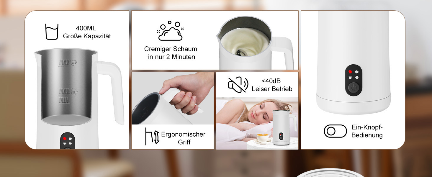 Електричний спінювач молока 400 мл 4-в-1 для гарячого та холодного молока, автоматичне вимкнення, для капучіно, лате макіато