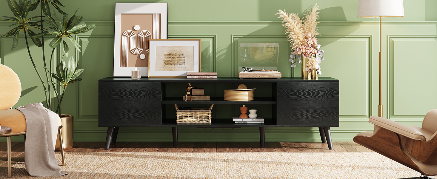 Тумба під телевізор WLIVE Schwarz 160x40x47 см, чорна, з 2 дверцятами та 2 відкритими полицями для вітальні, спальні, їдальні