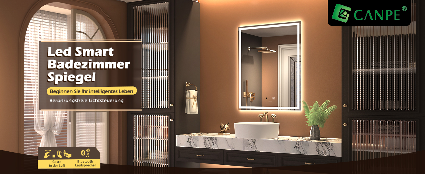 Дзеркало з LED-підсвічуванням та сенсором, з Bluetooth, регульоване освітлення, протитуманне, водонепроникне IP44, для ванної кімнати, 50 x 70 см