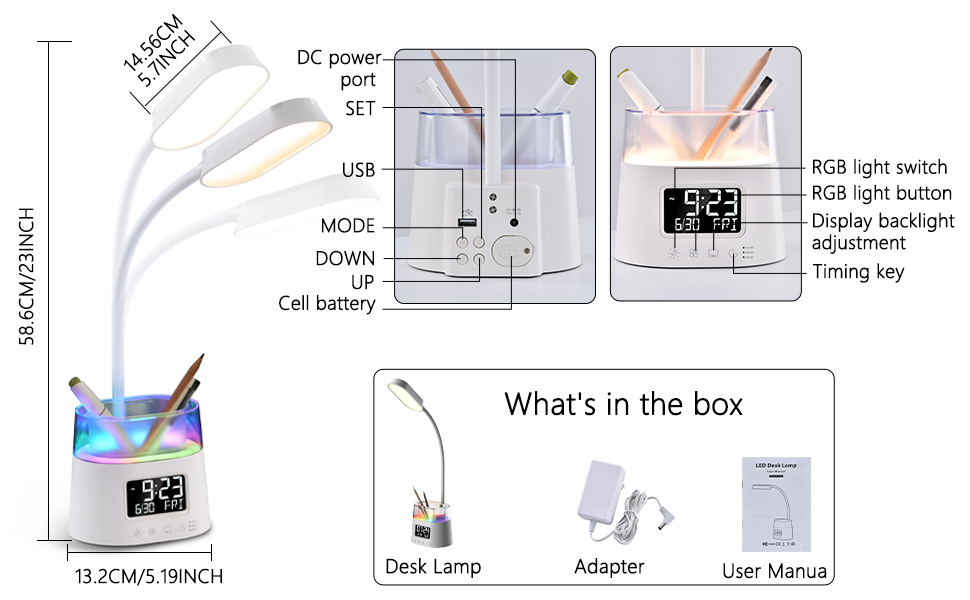 Світлодіодна настільна лампа YAMYONE з тримачем для ручки, USB, RGB-підсвічування, з регулюванням яскравості, годинник, гусяча шия (W49-EU)