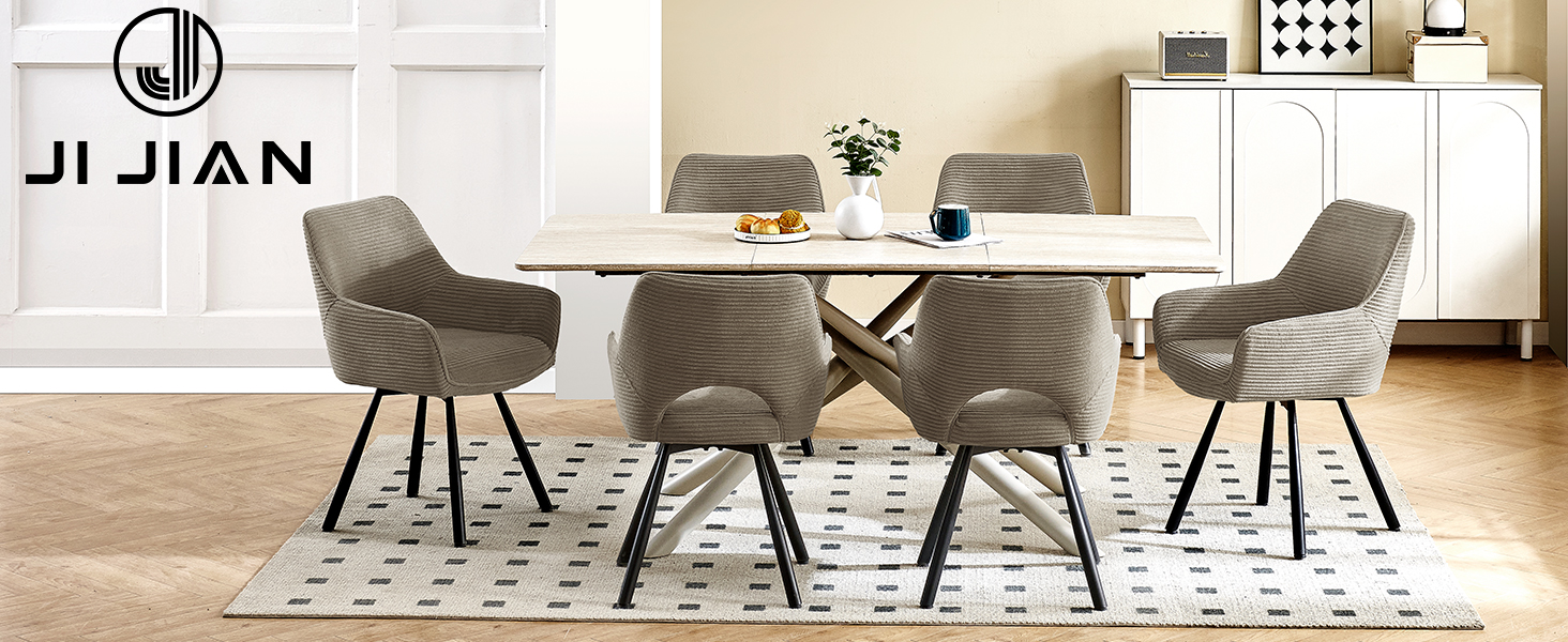 Набір з 4 обертових стільців для їдальні з підлокітниками, 360° обертання, кухонний стілець, сучасний м'який стілець з тканинною спинкою для кухні, їдальні, спальні, бежевий