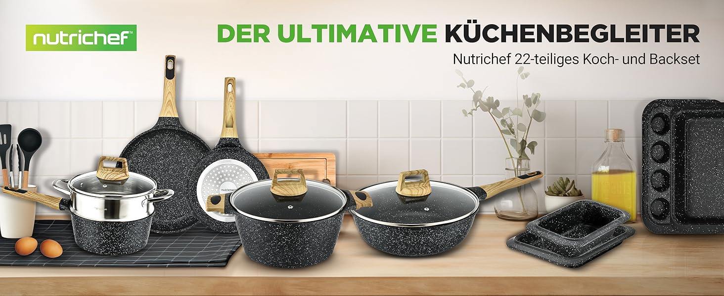 Набір посуду NutriChef 22 предмети антипригарний мармуровий: сковороди, каструлі, аксесуари для кухні (індукція, посудомийна машина)