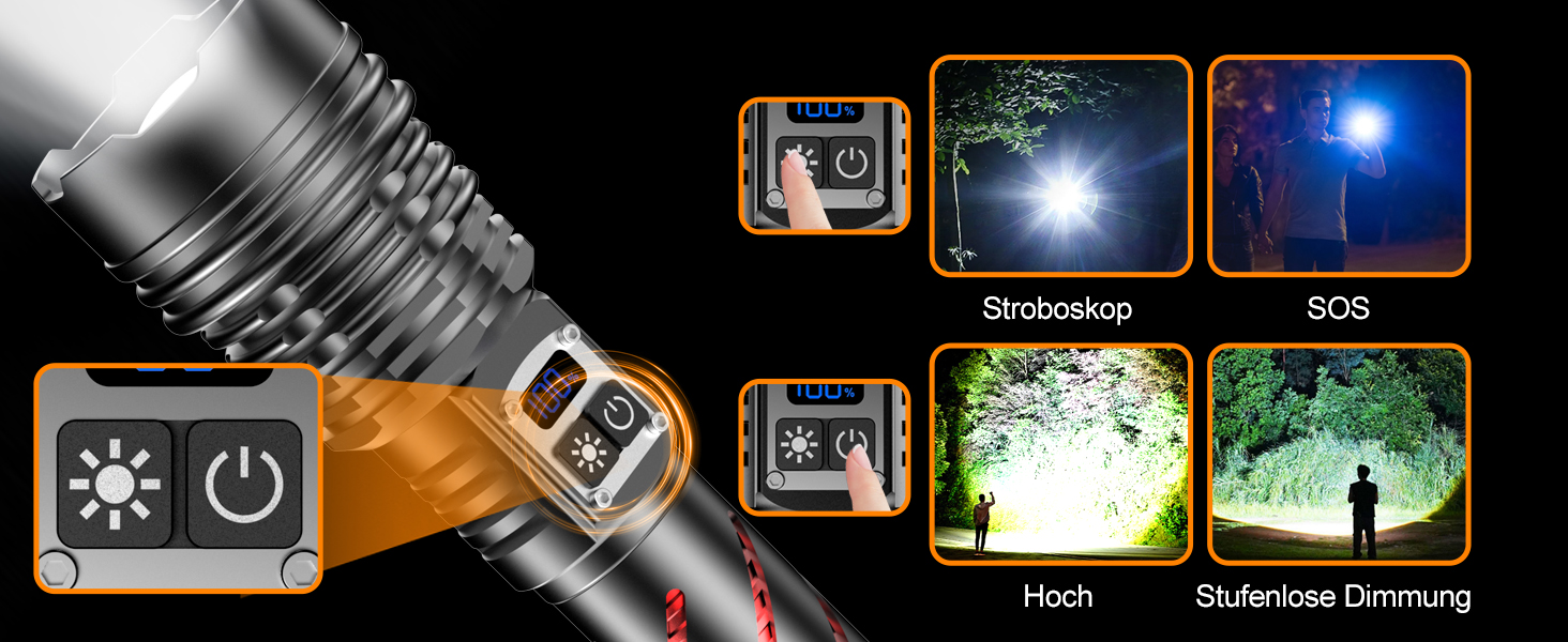 Потужний тактичний ліхтар Relybo LED, 1000000 Люмен, акумуляторний з USB-зарядкою, регулювання яскравості, водонепроникний для кемпінгу та екстрених ситуацій, чорний