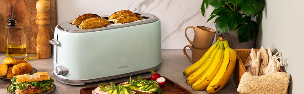 Тостер Cecotec Toast&Taste 1600 Retro Double 1630W, нержавіюча сталь, 4 слоти, регульована потужність, синій ретро-дизайн