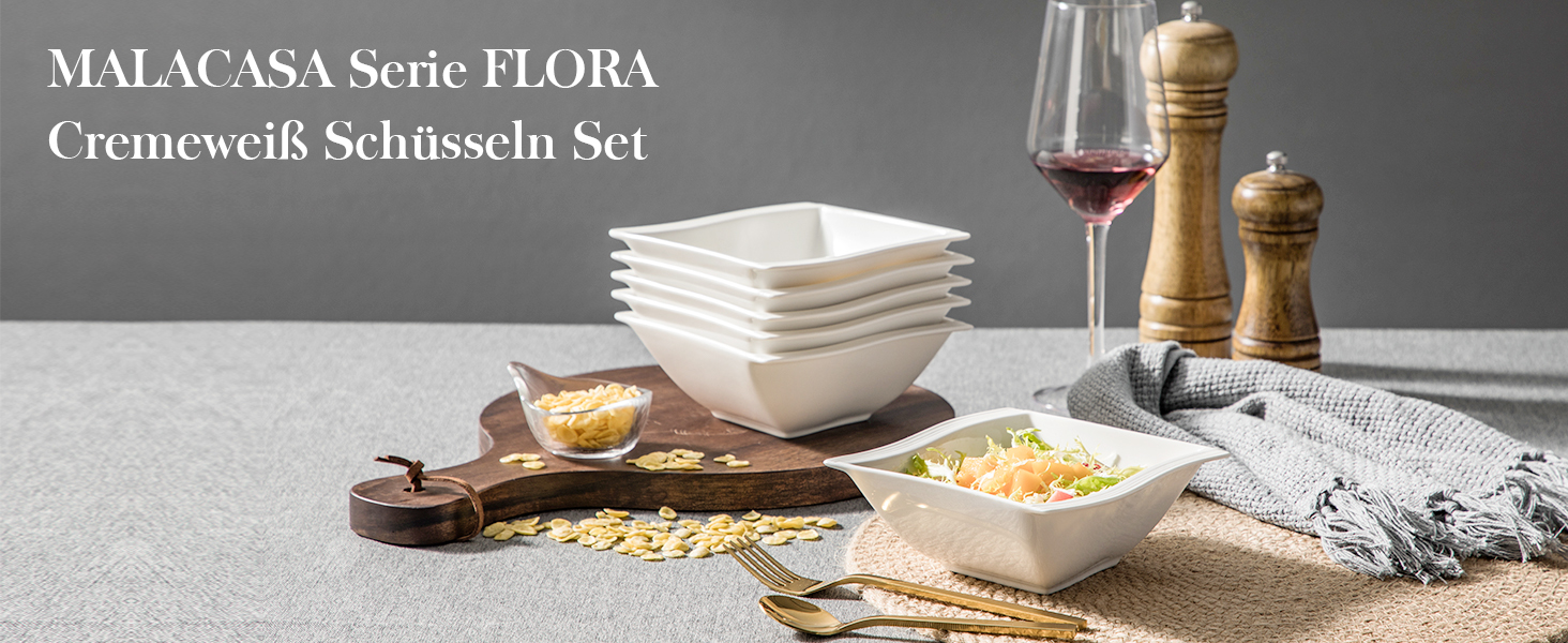 MALACASA Серія Flora – 60-елементний посуд для 12 осіб – кремово-білий порцеляновий сервіз з квадратним дизайном (тарілки, чашки, підставки) – придатний для миття в посудомийній машині та мікрохвильовій печі, білий