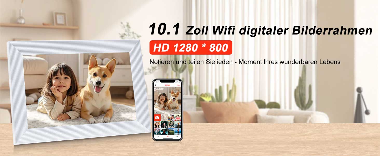 Frameo Цифровий фоторамка 10.1 дюйма з Wi-Fi, HD сенсорний екран, 16GB пам'яті, автоматичне обертання, підтримка фото та відео, настінний монтаж