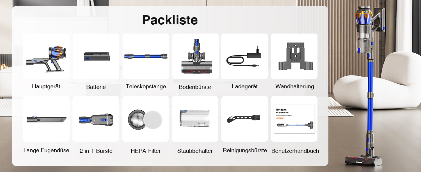 Бездротовий акумуляторний пилосос 45000 Па/550 Вт/65 хв, об'єм 1,6 л з дисплеєм, антизаплутана щітка, самостійна парковка, док-станція на стіні, 8-шарова фільтрація, тихий, для шерсті тварин/килимів/твердих поверхонь/автомобіля, блакитний