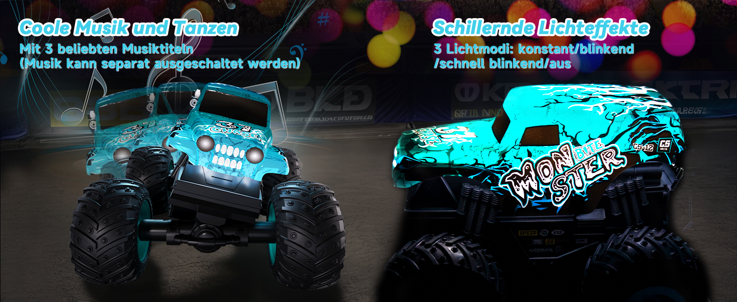 RC Monstertruck 1:20 2.4GHz синій - радіокерований позашляховик для хлопчиків та дівчаток від 3 років з LED підсвіткою, музикою та функцією 'ходьба на двох колесах'