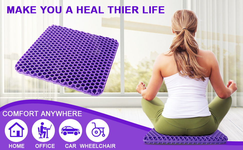 Ортопедична гелева подушка для сидіння на офісний стілець, автокрісло та візок — м'яка з протиковзким чохлом, фіолетова (43x39x4 см)