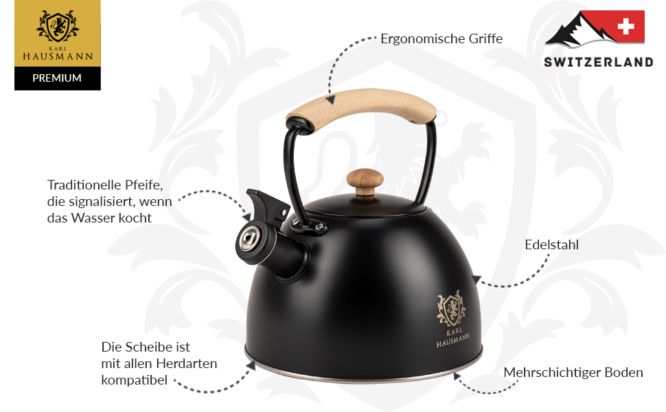 Чайник електричний KARL HAUSMANN Induktion 2.5L з авто-свистком, з нержавіючої сталі для всіх типів плит