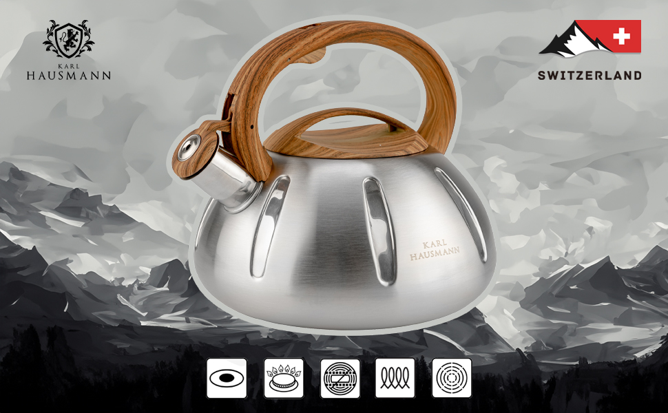 Чайник Karl Hausmann 3L з автоматичним свистком - сріблястий, з нержавіючої сталі для індукційних, газових та електричних плит