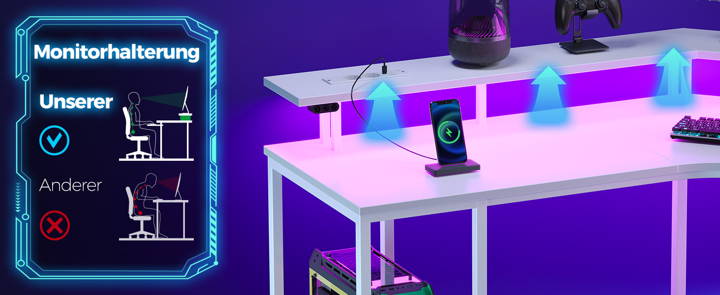 Ігровий кутовий стіл Seventable L-подібної форми з LED підсвіткою, розетками та 3 текстильними висувними ящиками, білий, 135x135x88 см