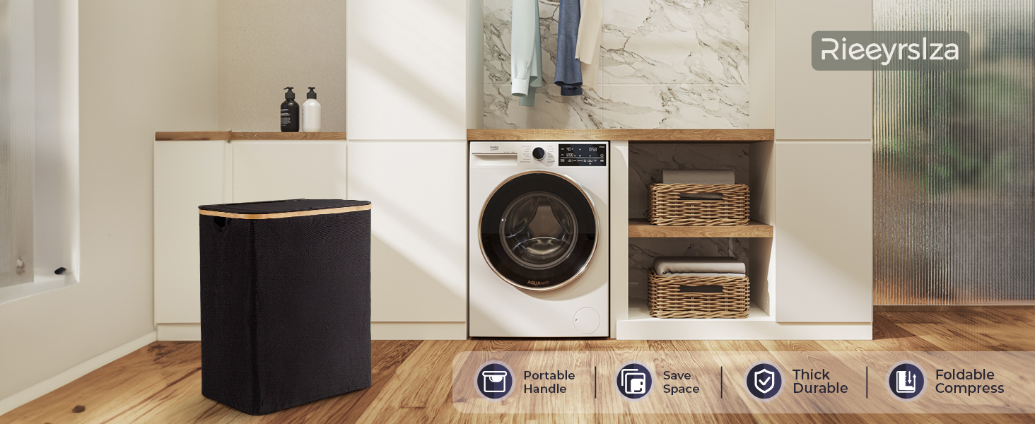 Кошик для білизни Rieeyrslza з кришкою 158 л з бамбука з 2 знімними мішками для білизни, Oxford, складний, для сортування, багатофункціональний, для ковдр та одягу (сірий) (чорний 145л)