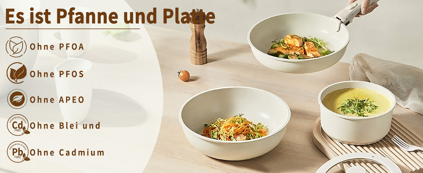 17-ти частинний набір каструль з знімним ручками: Набір посуду Induktion з антипригарним покриттям для всіх типів плит, придатний для миття в посудомийній машині (молочний білий)