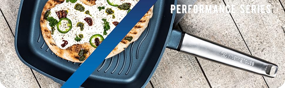 Сковорода-гриль Westinghouse PERFORMANCE SERIES 28 см з нержавіючої сталі, підходить для індукції, грилю та всіх типів плит, з антипригарним покриттям, для духовки та миття в посудомийній машині, алюміній, блакитний