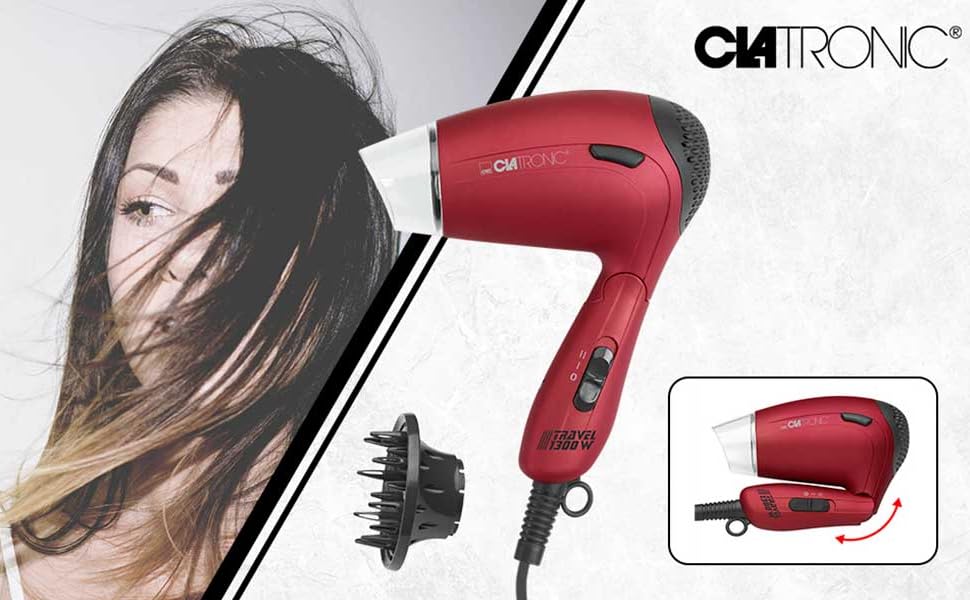Компактний дорожній фен Clatronic HTD 3429 (1200Вт, 2 швидкості, з дифузором та сумкою, 110/230В) — Червоний