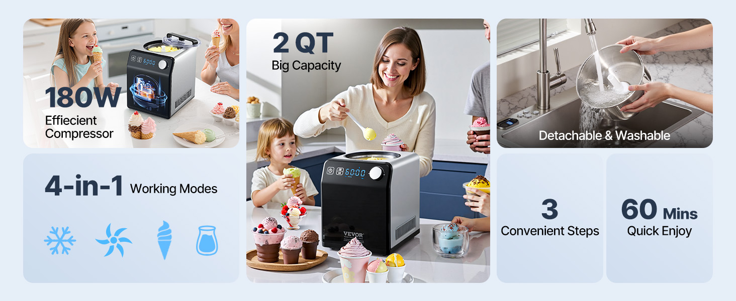 Електрична машина для приготування морозива VEVOR, 2 л, 180 Вт, для морозива, йогурту, сорбету, gelato, 3 режими, срібна, портативна, вертикальна