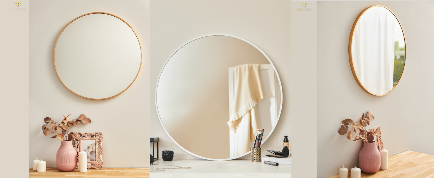 Круглий настінний дзеркало GOLD&CHROME UNIQUE DESIGN чорного кольору - 50 x 50 см, для ванної кімнати та макіяжу, з алюмінію, декоративне, велике, 2 роки гарантії