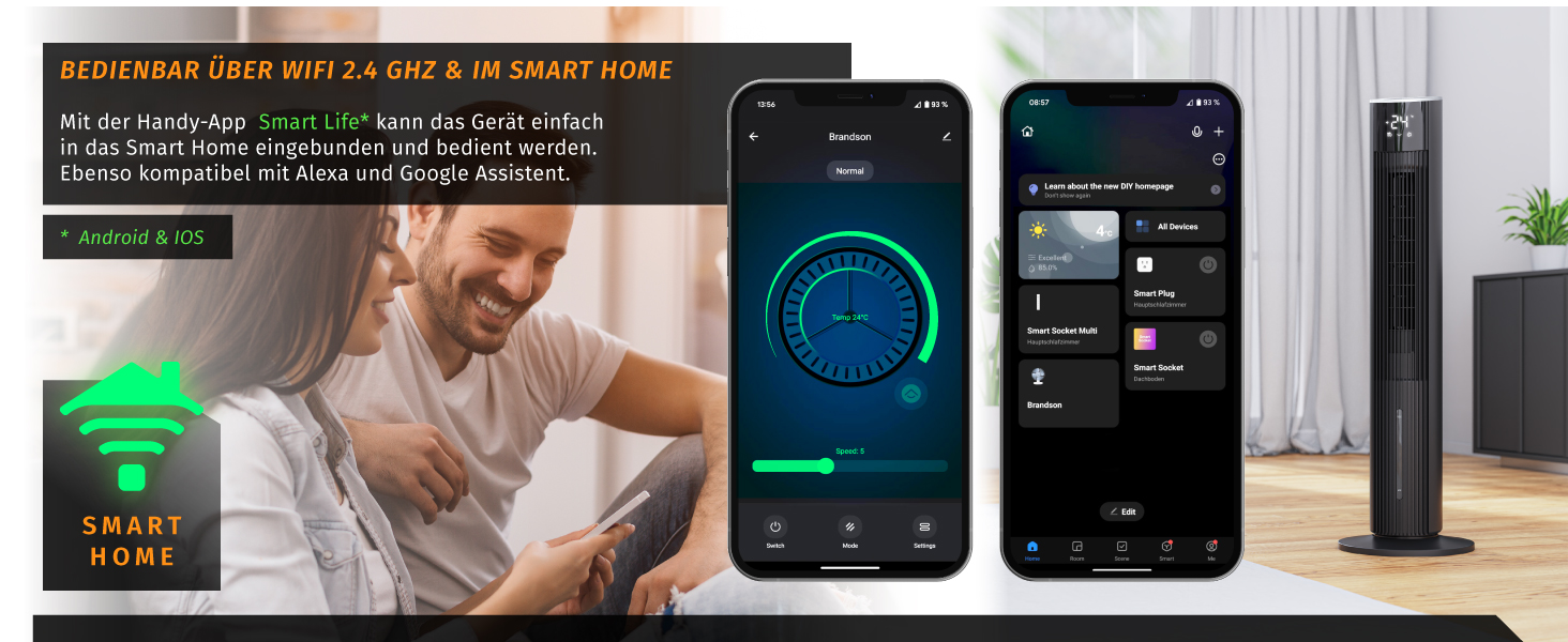 Повітряний охолоджувач Brandson ECO GREEN з водяним охолодженням, WiFi, Smart Home, управління голосом та сенсором. Мобільний кондиціонер-вентилятор з осциляцією