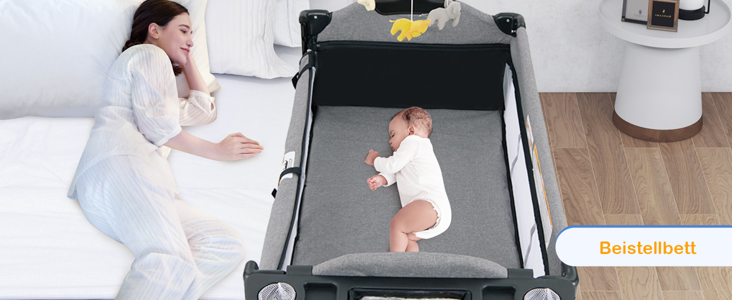 Дитяче ліжко-манеж COSTWAY 120x60 см з матрацом, пеленальним столиком, іграшками та музичною шкатулкою, сірий колір