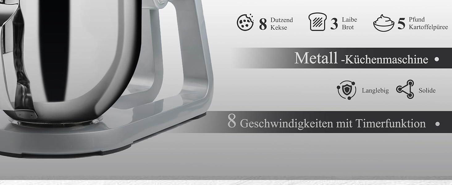 Кухонна машина 5л з місткою чашею з нержавіючої сталі, для тіста, піци, з таймером та 8 режимами. В комплекті: міксер, гак для тіста, вінчик, гнучкий вінчик. Чорний колір.