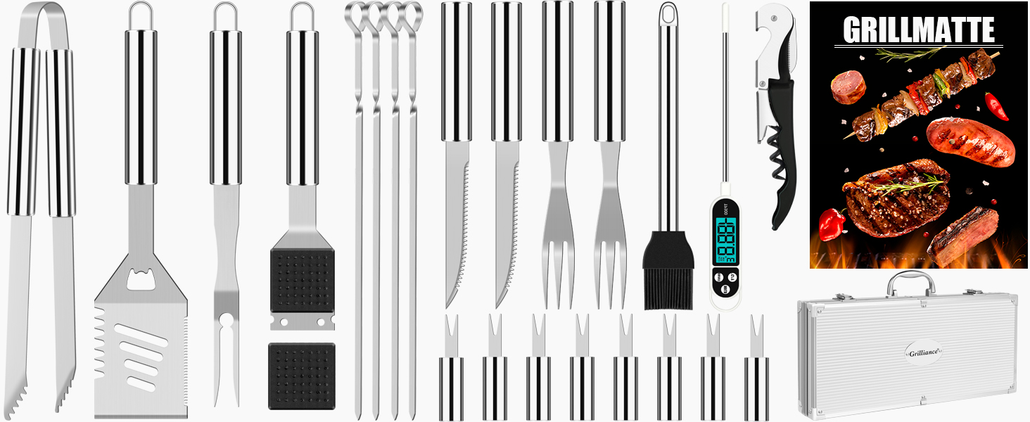 Набір аксесуарів для гриля з нержавіючої сталі 26 шт. Преміум-якість, BBQ-набір у кейсі з термометром (срібний)