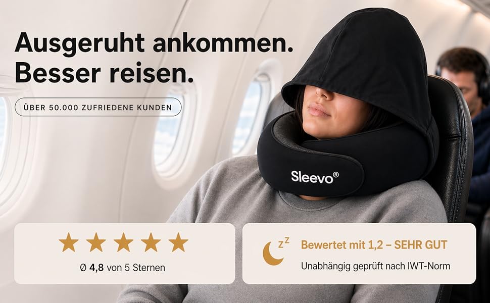 Ергономічна подушка для подорожей з ефектом пам'яті (Memory Foam) та капюшоном-маскою для сну, сіра (розмір M) — для літака, поїзда та авто
