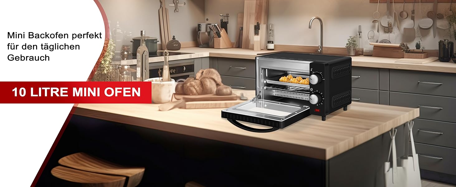 Міні-піч Wannyton 10L: піч для піци, випічки та хліба, 650W, 100-230°C, таймер, решітка, деко, чорний