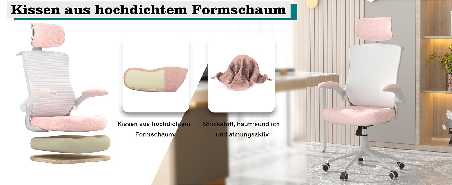 Ергономічне крісло для офісу з регульованою підголівником та поперековою підтримкою – високе офісне крісло з сітчатим спинком та м'яким сидінням, вішалка для одягу та функцією блокування (білий та рожевий)