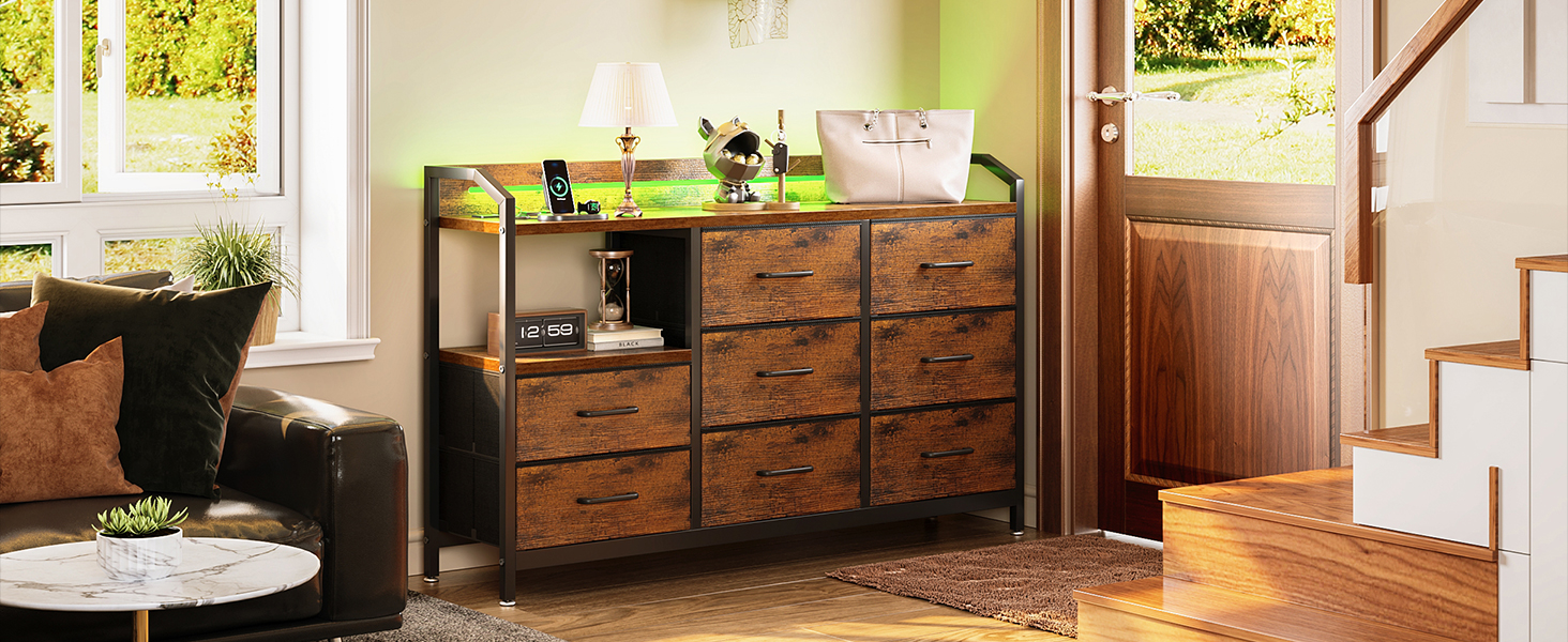 Комод ODK з висувними ящиками та LED-підсвіткою, 10 кольорів, 2 USB та 2 розетки, 8 тканинних ящиків, для вітальні/спальні, 110x30x88 см, вінтажний стиль