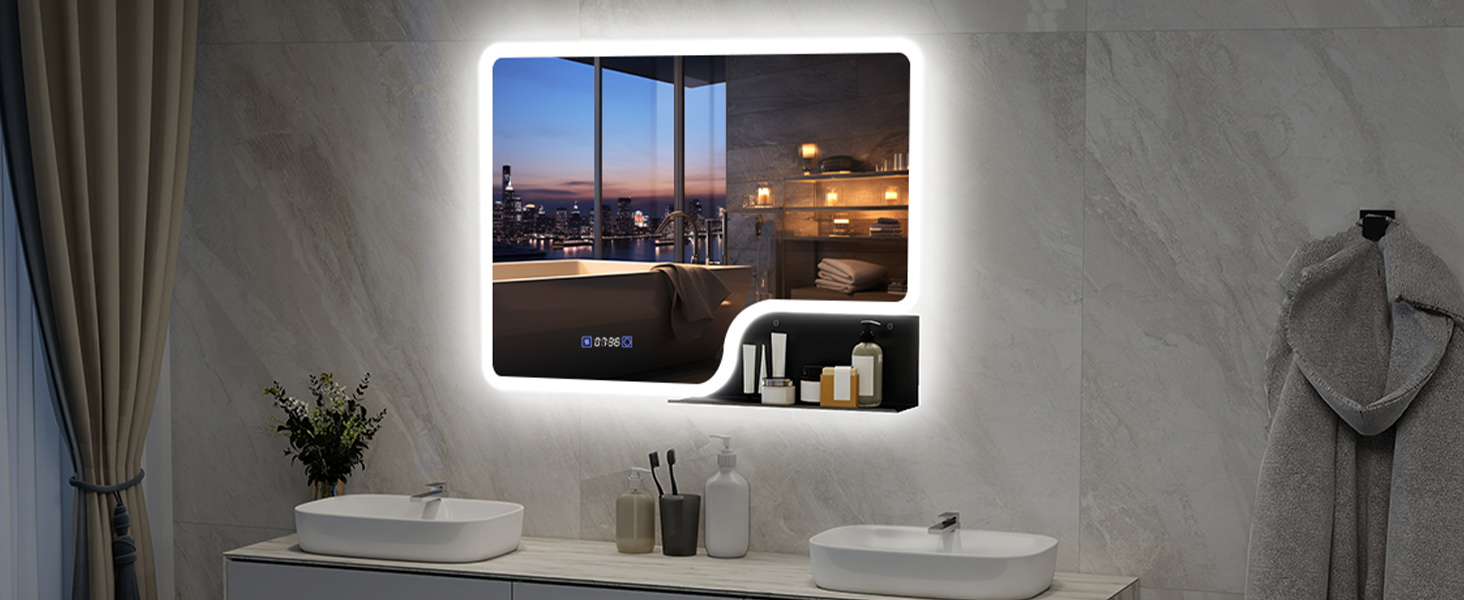 Дзеркало для ванної кімнати YOURLITE з LED-підсвічуванням 100x60 см, сенсорне керування, годинник, антизапар, 3 кольори світла, регулювання яскравості, без запотівання, функція пам'яті, білий