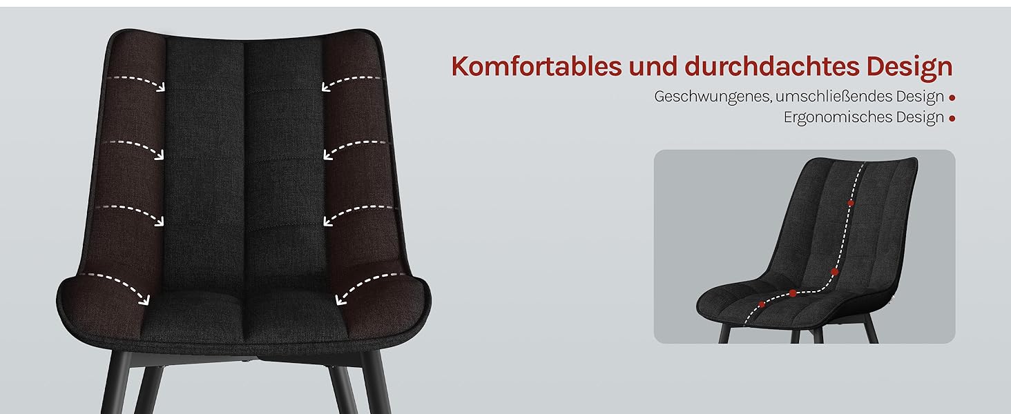 Набір з 2-х кухонних стільців WOLTU для вітальні, кухні, їдальні, чорного кольору, з м'якою спинкою та сидінням з льону, металеві ніжки, до 150 кг