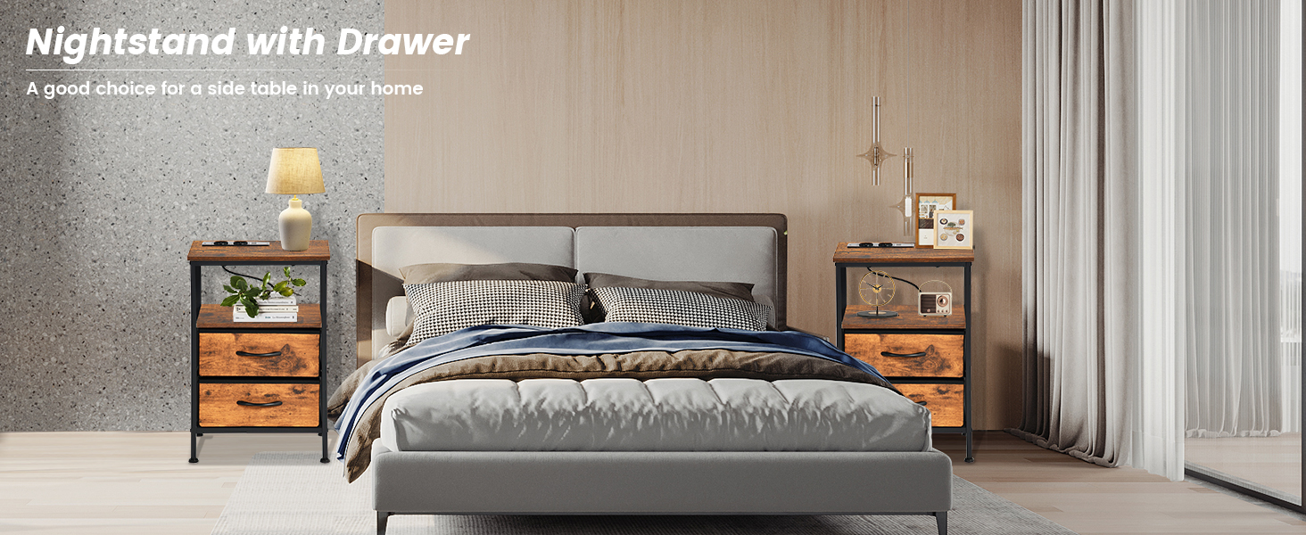 Нічні тумбочки EGGREE (2 шт) з зарядною станцією та шухлядами з тканини, колір вінтажний коричневий, для спальні, невеликих кімнат, готелю та апартаментів. USB-порти та розетки.