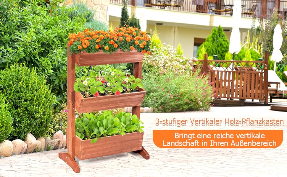 Вертикальна грядка COSTWAY з 3 рівнями, 6 контейнерами для квітів, дерев'яний ящик для тераси, балкона або саду 126x90x115 см (коричневий)