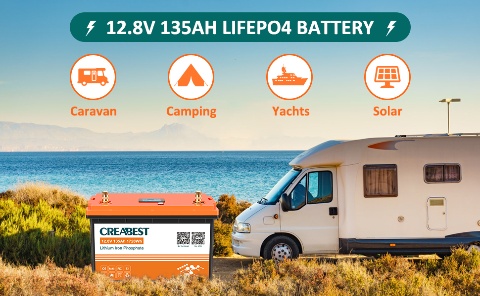 Акумулятор 12 В 200 Ач CREABEST LiFePO4, BMS Bluetooth, вихід 2560 Вт, чудово підходить для автофургонів, сонячної системи, автономного режиму