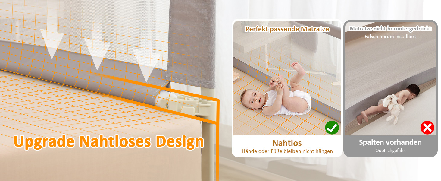 Бортики для ліжка дитячі 3 шт., захисні грати на ліжко для малюків (2x200 см + 1x180 см), сірі, складані