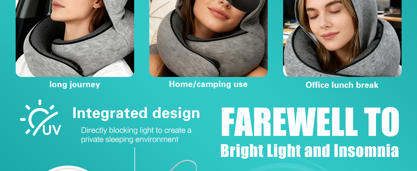 Подорожня подушка для шиї з ефектом пам'яті (Memory Foam) з капюшоном, маскою для сну та берушами — набір для перельотів, авто та поїздів