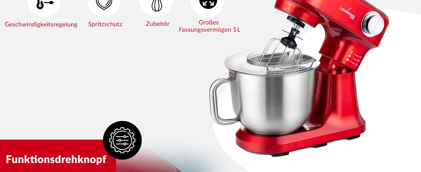 Кухонна машина Lehmann - планетарний міксер з набором аксесуарів - 3 насадки, кришка-розбризкувач, чаша 5л, 12 швидкостей, захист від перегріву, неслизька, червона