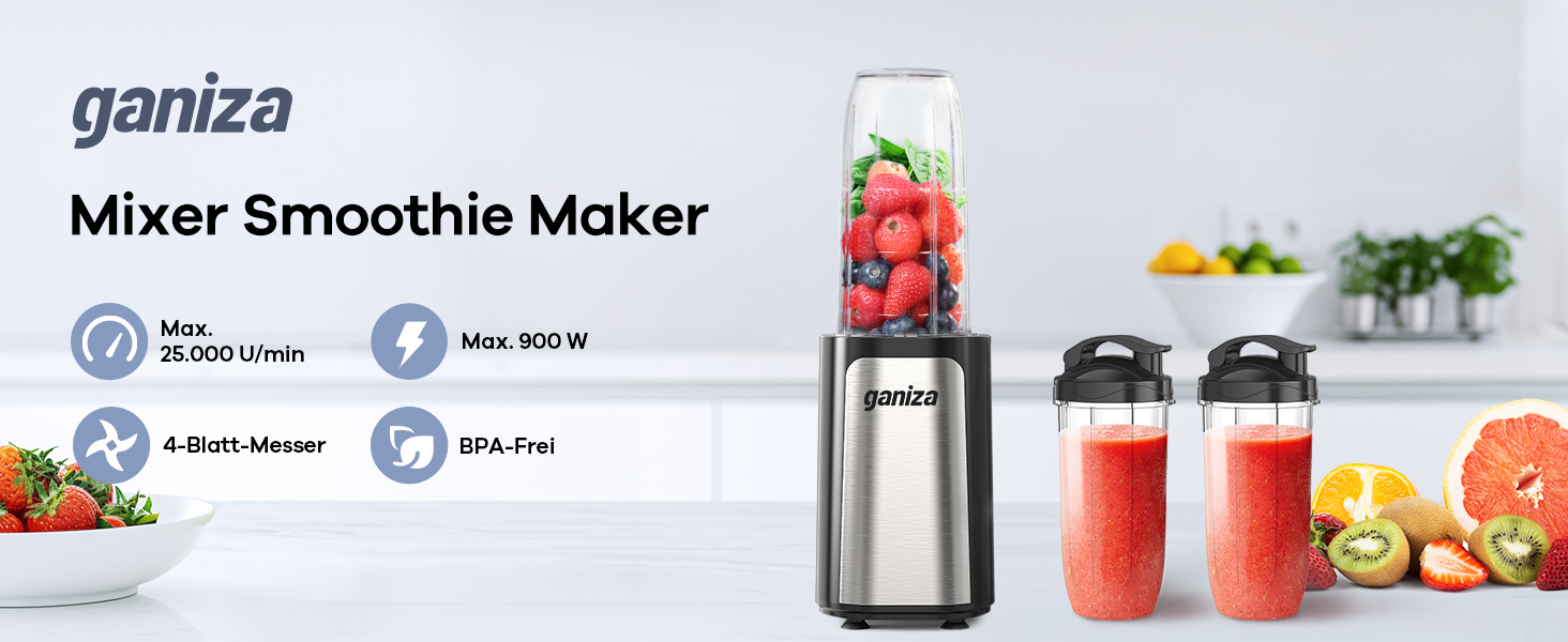 Блендер Ganiza Mini Smoothie Maker 900W з 3 стаканами (500мл x2, 700мл), електричний, сталеві ножі, BPA-free, для смузі та коктейлів