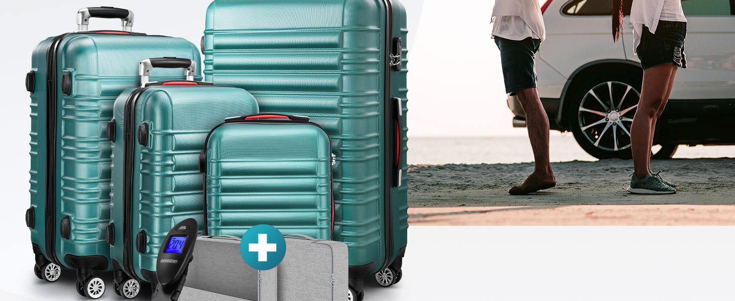 Набір валіз Monzana® 4шт: валіза, органайзер, ваги, ремінь, ручки, колеса, ніжки, блакитний колір. Розміри S, M, L, XL