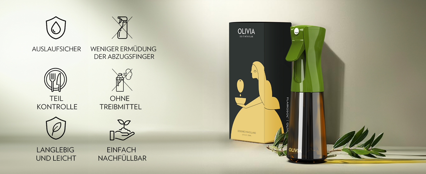 Скляний розпилювач для оливкової олії FLAIROSOL OLIVIA, 200 мл, дозатор для кухні, гриля та аерофритюрниці (Зелений)