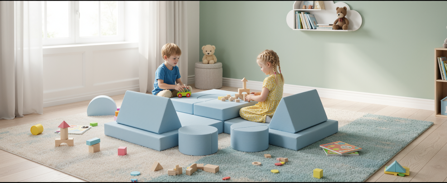 Дитяче ігрове диван-конструктор MAMIZO Cord, 15 елементів, блакитний. Модульний диван для гри та відпочинку, сертифікат Oeko-Tex
