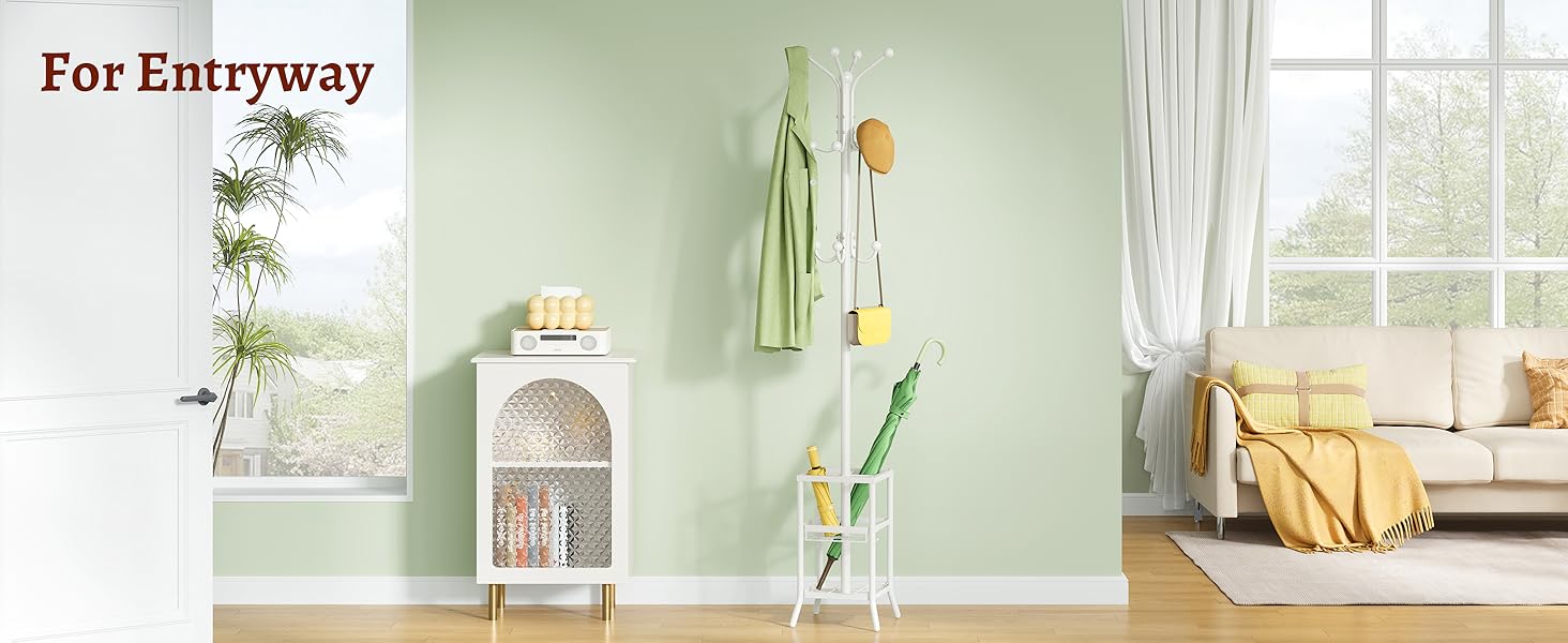 Настінна вішалка для одягу FAVOOSTY з підставкою для парасольки, 12 гачків, стійка для пальто, вішалка для одягу в вітальню, спальню, срібна (білий)